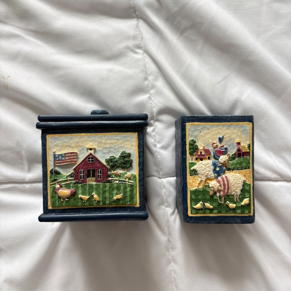 Vintage Americana Farm Decorative 2 Toothbrush Holder Barn Sheep Folk Art Decor